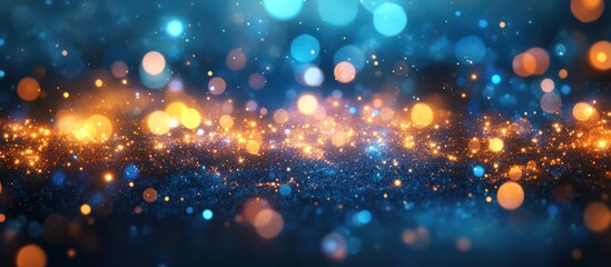 Wall Mural - Abstract blue and gold bokeh background with glittering particles.