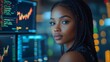 © Emiliia - Young Black woman analyzes stock market trends in a modern office setting at night