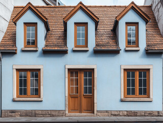 Charming blue house with wooden doors and window frames in a quiet neighborhood street