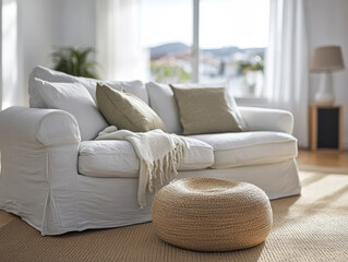 Cozy living room with a white couch, decorative pillows, and a woven pouf in natural light