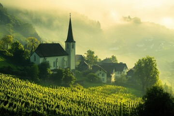 Wall Mural - Liechtenstein Landscape: Beautiful Nature Background in Balzers Village with St. Nicholas Church