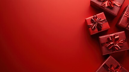 Red gift boxes with bows on a red artistic background.