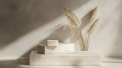 Aufkleber - A minimalist display features neutral-toned blocks and delicate pampas grass, highlighting a serene, modern aesthetic.