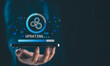 © Nirusmee - Operating system upgrade concept, installation app and software update process, modernize user equipment, update modern functions, developer released new version Improved security. User is downloading