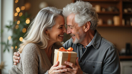 Wall Mural - a middle aged couple giving each other a gift box in a warm embrace of love and happiness