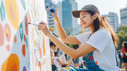 An Asian woman is painting a large abstract art on a city wall.