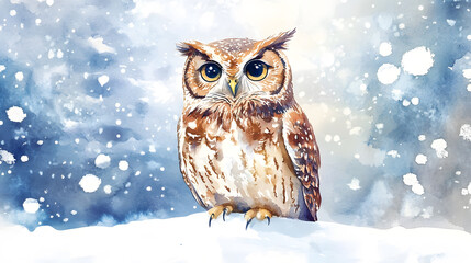 A brown owl is standing on a snowy surface