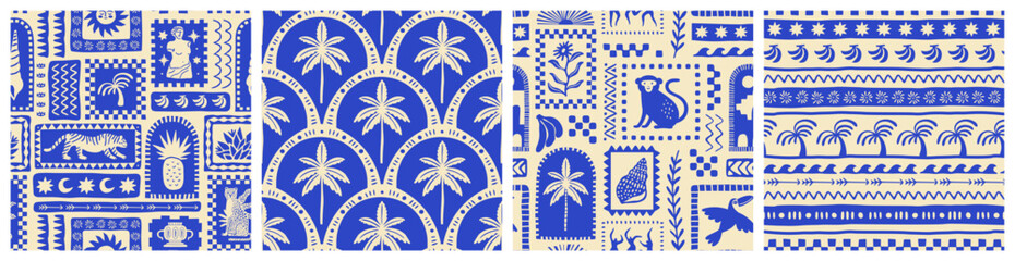 Wall Mural - retro hand drawn tropical summer seamless pattern set. traditional patchwork style background illust