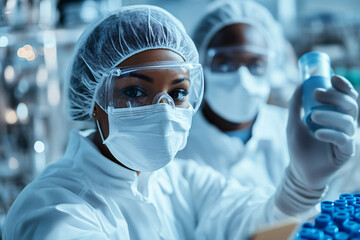 Close-up of scientists in protective gear working in a laboratory, focusing on a female scientist holding a sample vial. Both wear masks, hair covers, gloves, and goggles.