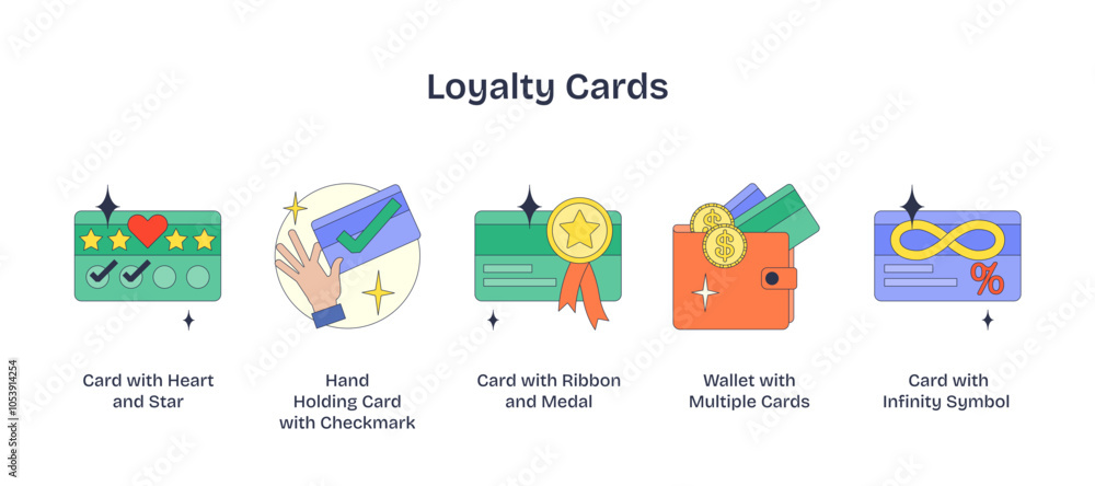 Loyalty cards with icons like heart, checkmark, and infinity symbolize ...