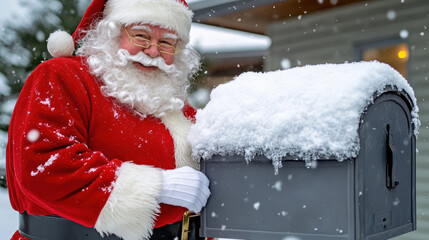 Santa Claus in snowy setting, joyfully standing next to mailbox covered in snow. festive atmosphere captures spirit of Christmas and holiday cheer