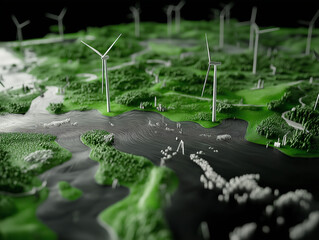 Aerial view of wind farm with turbines scattered across landscape