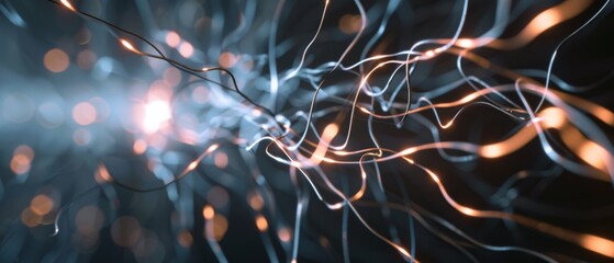 Tangled, electrifying wires stretch across the scene as glowing filaments pulse, creating an intricate web of vibrant, pulsating energy.