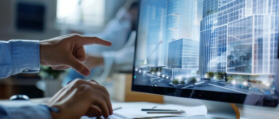 Wall Mural - a person interacts with a digital architectural model on a computer screen, indicating the intersect