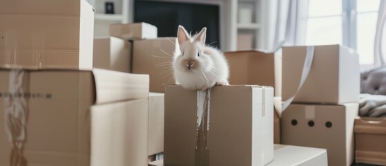 A curious bunny perches atop boxes amidst a cluttered room, bringing joy and playfulness to the setting.