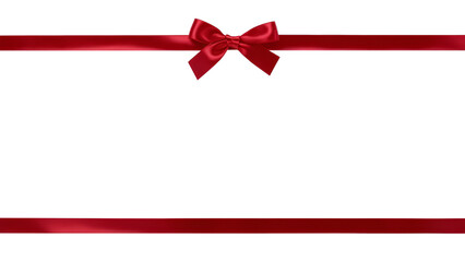 A large red ribbon bow a long straight piece of ribbon to be used as a birthday or Christmas banner, border isolated against a transparent background