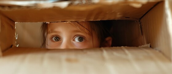 A curious child peeks through a cardboard box, eyes wide with imagination and the excitement of hidden worlds.