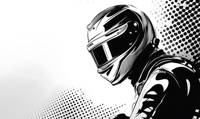 Aufkleber - A black and white illustration of a race car driver wearing a helmet, looking to the side.