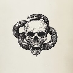 A black and white illustration of a skull with a snake wrapped around it.