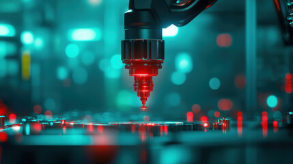 Leinwandbilder - A robotic arm is precisely laser-engraving a metallic surface, illuminated by a captivating blue and red ambiance in a high-tech environment.