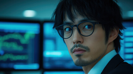 Poster - A focused man wearing glasses stares intently, with digital screens displaying data in the background, hinting at a high-stakes environment.