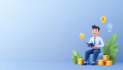 Poster - A businessman sits with a book, surrounded by coins and dollar signs, indicating financial growth and investment opportunities.