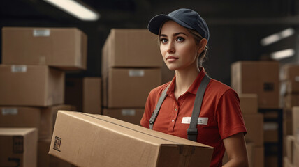 Courier Woman in Red Shirt and Cap Delivering a Package