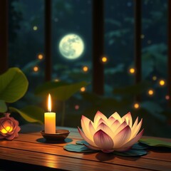 Wall Mural - A beautiful lotus flower sits beside a burning candle on a wooden table creating a peaceful atmosphere in a spa soft lighting enhances relaxation and meditation beautiful floral atmosphere 