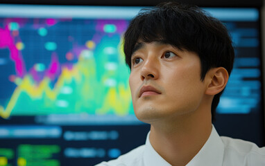 Poster - A focused individual analyzes financial data displayed on a digital screen, showcasing colorful graphs and trends.