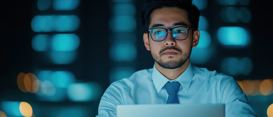Aufkleber - A focused professional in glasses works on a laptop amidst a backdrop of illuminated urban scenery at night.