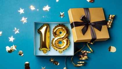 Number 18 birthday balloon celebration gift box lay flat explosion