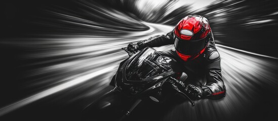 Black and white image with selective color on red helmet, showing motorcyclist racing at high speed with intense motion blur. Speed and focus.