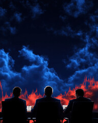 Leinwandbilder - Silhouettes of three individuals observing fluctuating data against a dramatic cloud background, suggesting analysis or decision-making in a financial context.
