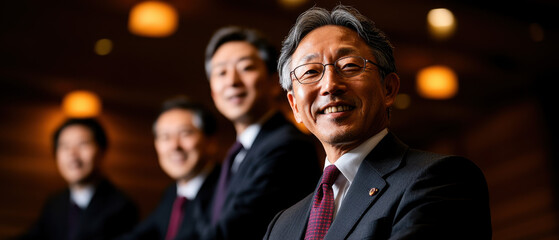 Aufkleber - A professional group portrait featuring four well-dressed men, with one smiling in the foreground, illuminated by warm background lighting.