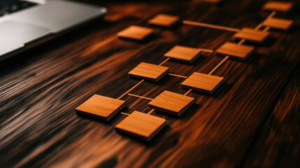 Leinwandbilder - A visual representation of a flowchart made with wooden blocks, displayed on a wooden surface next to a laptop, suggesting organization and planning.
