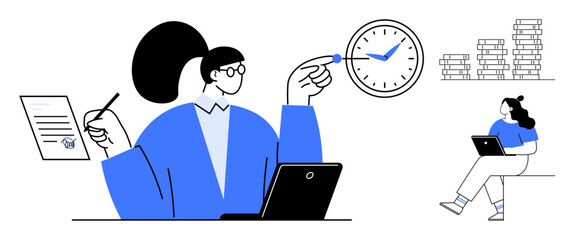 Two characters working on laptops, one handling documents, and a clock highlighting time management. Ideal for productivity, deadlines, remote work, office efficiency, task management, project