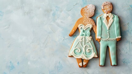 wedding cookies in the shape of the bride and groom on a light background, wedding invitation cards, top view, copy space