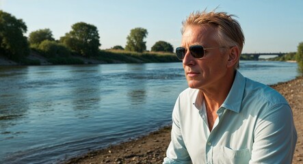 Wall Mural - Calm Middle Aged Man with Sandy Hair in Light Shirt and Sunglasses on Riverbank