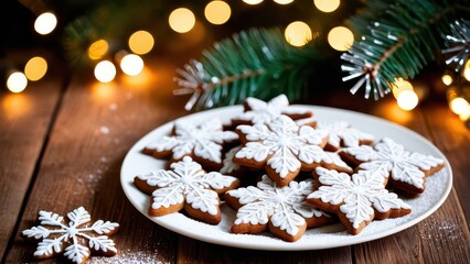 Plate of charming snowflake-shaped cookies with light blue icing on a wooden table, surrounded by warmly glowing fairy lights and a festive ambiance.