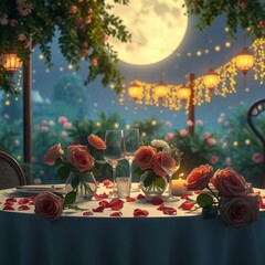 Wall Mural - Elegant table setting with fresh flowers and rose petals for a romantic dinner in a cozy environment beautiful floral atmosphere 