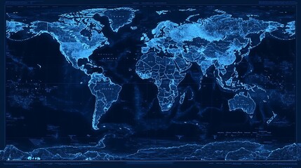 A glowing blue digital world map with detailed country borders.