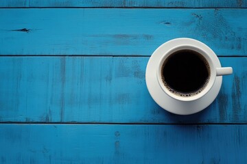 Wall Mural - White coffee cup sits on a blue table. The cup is filled with dark coffee, and the table is made of wood. Concept of calm and relaxation, as the coffee cup and table are simple and uncluttered