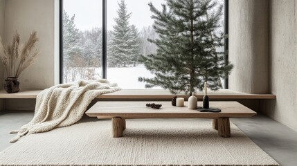 A Nordic-style living room with a large window showcasing snowy pine trees, featuring a cozy woolen blanket and a wooden coffee table adorned with minimalist decor.