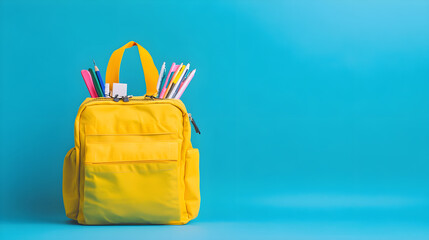 Bright yellow backpack filled with colorful school supplies against blue background