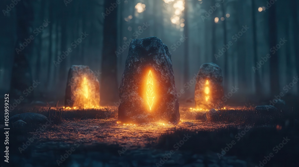 Strange runes glowing on an ancient stone circle in the forest ...