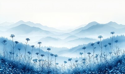 A serene blue landscape featuring mountains and flowers, evoking tranquility and nature's beauty.