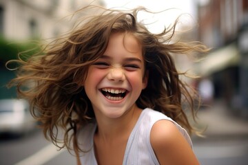 Young girl with long brown hair is smiling and laughing. She is wearing a white tank top and is standing on a street