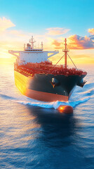 Wall Mural - A cargo ship sails on a calm sea during the golden hour. The warm sunlight casts a golden glow over the ship and the water, creating a serene and beautiful scene.