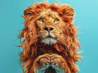 Wall Mural - lion with a long mane and a blue background. the lion is looking at the camera with a serious expres