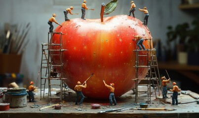 3D miniature workers painting a giant apple, using scaffolding and tiny paintbrushes